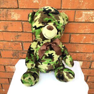 Camouflage Plush Teddy Bear With Brown Ribbon Bow